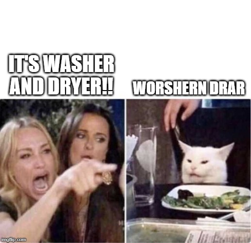Woman Screaming At Cat | IT'S WASHER AND DRYER!! WORSHERN DRAR | image tagged in woman screaming at cat | made w/ Imgflip meme maker
