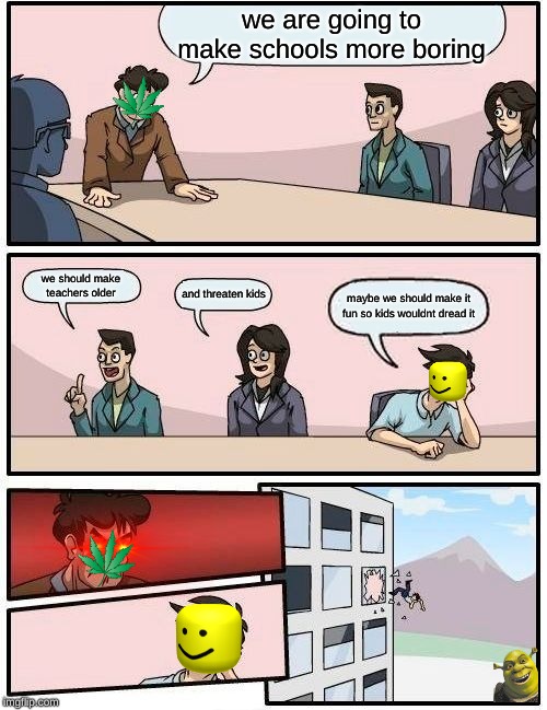 Boardroom Meeting Suggestion Meme | we are going to make schools more boring; we should make teachers older; and threaten kids; maybe we should make it fun so kids wouldnt dread it | image tagged in memes,boardroom meeting suggestion | made w/ Imgflip meme maker
