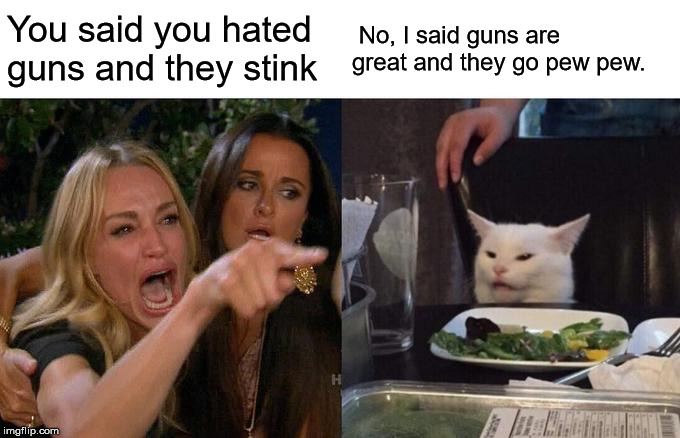 Woman Yelling At Cat | You said you hated guns and they stink; No, I said guns are great and they go pew pew. | image tagged in memes,woman yelling at cat | made w/ Imgflip meme maker