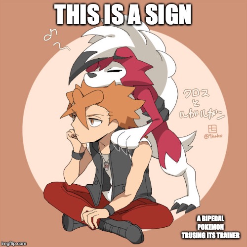 Lycanroc on Top of Trainer | THIS IS A SIGN; A BIPEDAL POKEMON TRUSING ITS TRAINER | image tagged in lycanroc,pokemon,trainer,memes | made w/ Imgflip meme maker