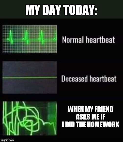 heartbeat rate | MY DAY TODAY:; WHEN MY FRIEND ASKS ME IF I DID THE HOMEWORK | image tagged in heartbeat rate | made w/ Imgflip meme maker