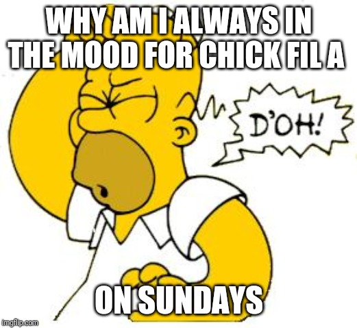 homer doh | WHY AM I ALWAYS IN THE MOOD FOR CHICK FIL A; ON SUNDAYS | image tagged in homer doh | made w/ Imgflip meme maker
