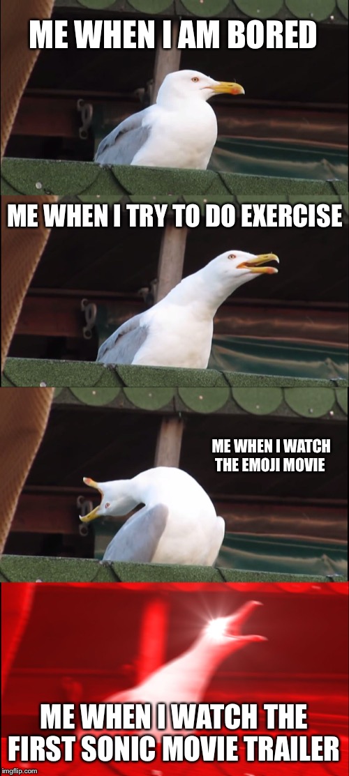 Inhaling Seagull | ME WHEN I AM BORED; ME WHEN I TRY TO DO EXERCISE; ME WHEN I WATCH THE EMOJI MOVIE; ME WHEN I WATCH THE FIRST SONIC MOVIE TRAILER | image tagged in memes,inhaling seagull | made w/ Imgflip meme maker