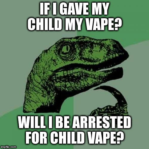 Philosoraptor | IF I GAVE MY CHILD MY VAPE? WILL I BE ARRESTED FOR CHILD VAPE? | image tagged in memes,philosoraptor | made w/ Imgflip meme maker