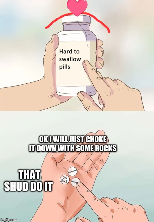 Hard To Swallow Pills Meme | OK I WILL JUST CHOKE IT DOWN WITH SOME ROCKS; THAT SHUD DO IT | image tagged in memes,hard to swallow pills | made w/ Imgflip meme maker