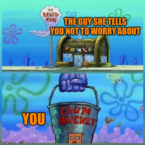 Krusty Krab Vs Chum Bucket Meme | THE GUY SHE TELLS YOU NOT TO WORRY ABOUT; YOU | image tagged in memes,krusty krab vs chum bucket | made w/ Imgflip meme maker