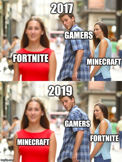 2017; GAMERS; FORTNITE; MINECRAFT; 2019; GAMERS; FORTNITE; MINECRAFT | image tagged in memes,distracted boyfriend | made w/ Imgflip meme maker