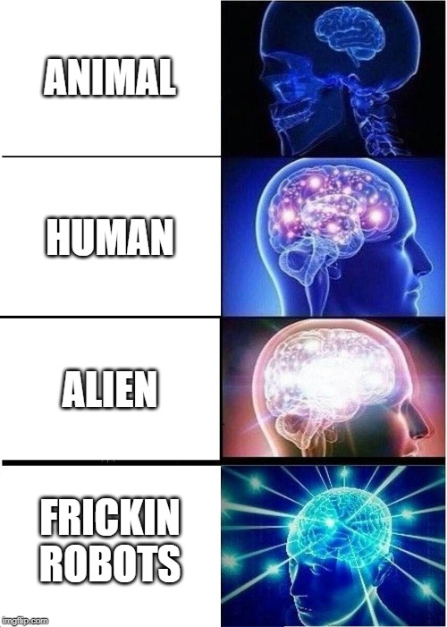 Expanding Brain Meme | ANIMAL; HUMAN; ALIEN; FRICKIN ROBOTS | image tagged in memes,expanding brain | made w/ Imgflip meme maker