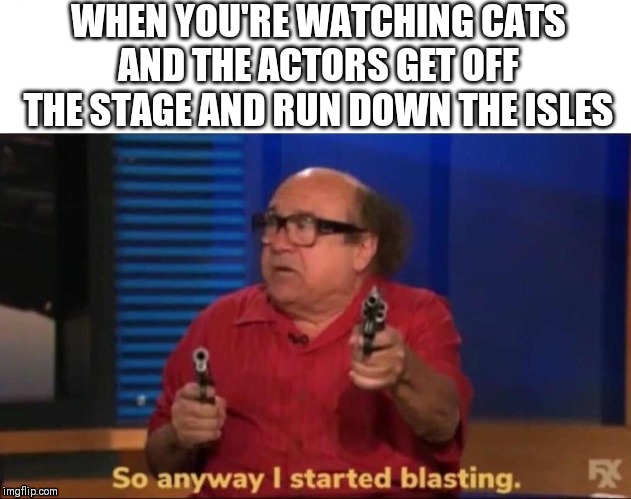 So anyway I started blasting | WHEN YOU'RE WATCHING CATS AND THE ACTORS GET OFF THE STAGE AND RUN DOWN THE ISLES | image tagged in so anyway i started blasting | made w/ Imgflip meme maker
