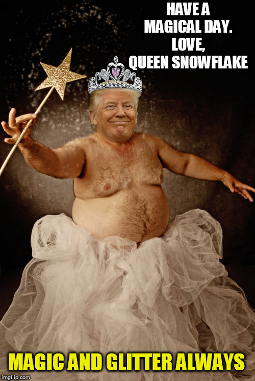 trump | HAVE A MAGICAL DAY.
LOVE, QUEEN SNOWFLAKE; MAGIC AND GLITTER ALWAYS | image tagged in trump,snowflake,fairy,maga,queen,have a nice day | made w/ Imgflip meme maker