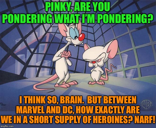 pinky and the brain | PINKY, ARE YOU PONDERING WHAT I’M PONDERING? I THINK SO, BRAIN.  BUT BETWEEN MARVEL AND DC, HOW EXACTLY ARE WE IN A SHORT SUPPLY OF HEROINES | image tagged in pinky and the brain | made w/ Imgflip meme maker