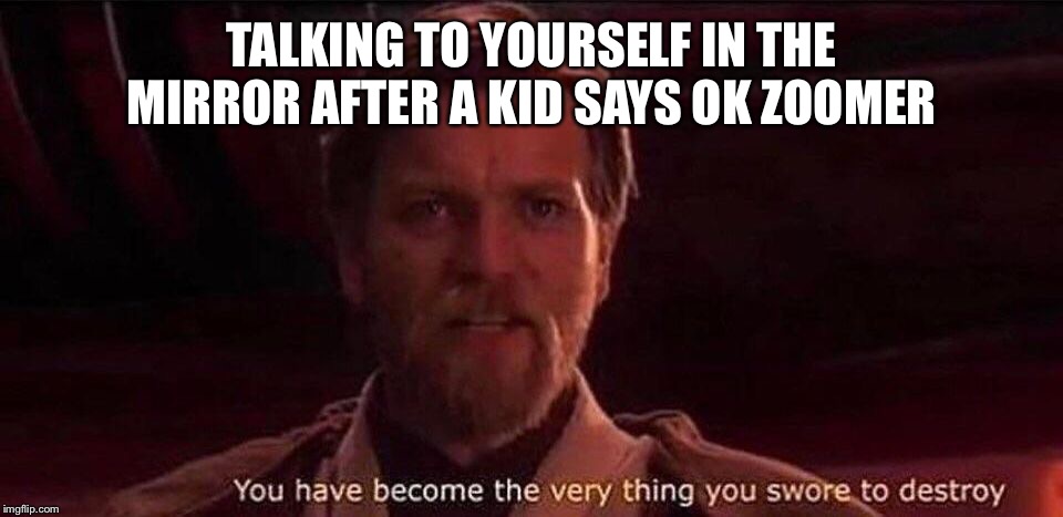 You've become the very thing you swore to destroy | TALKING TO YOURSELF IN THE MIRROR AFTER A KID SAYS OK ZOOMER | image tagged in you've become the very thing you swore to destroy | made w/ Imgflip meme maker