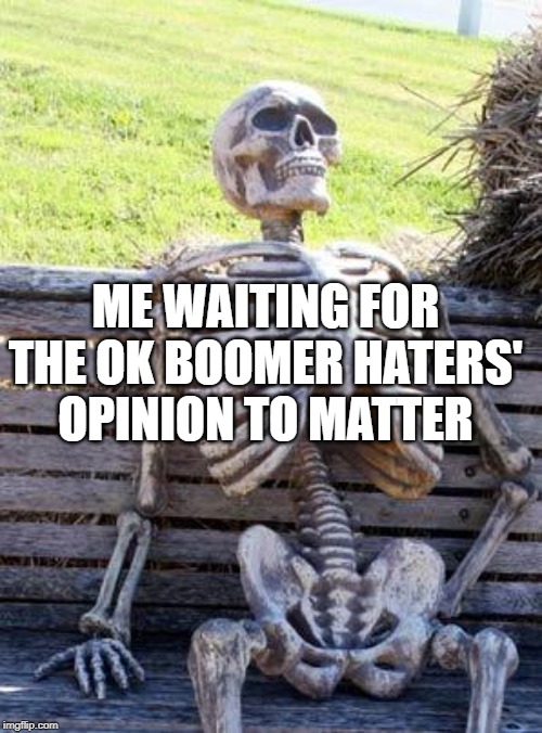 Waiting Skeleton | ME WAITING FOR THE OK BOOMER HATERS' OPINION TO MATTER | image tagged in memes,waiting skeleton | made w/ Imgflip meme maker