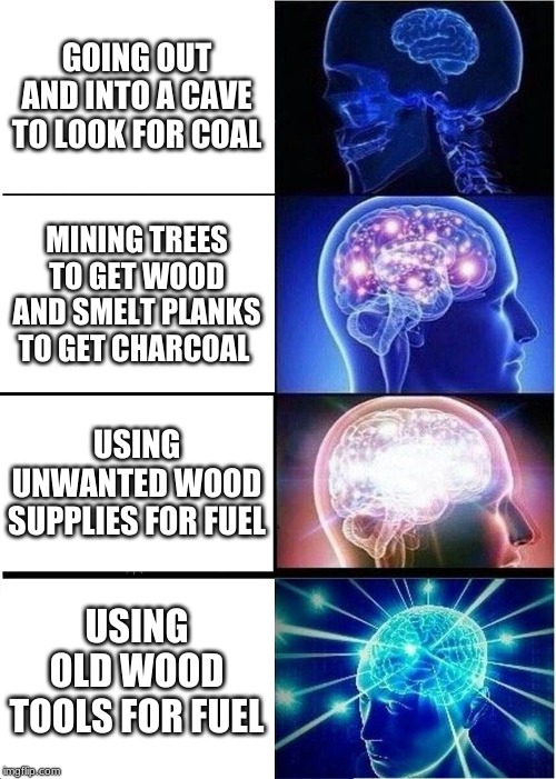 Expanding Brain | GOING OUT AND INTO A CAVE TO LOOK FOR COAL; MINING TREES TO GET WOOD AND SMELT PLANKS TO GET CHARCOAL; USING UNWANTED WOOD SUPPLIES FOR FUEL; USING OLD WOOD TOOLS FOR FUEL | image tagged in memes,expanding brain | made w/ Imgflip meme maker