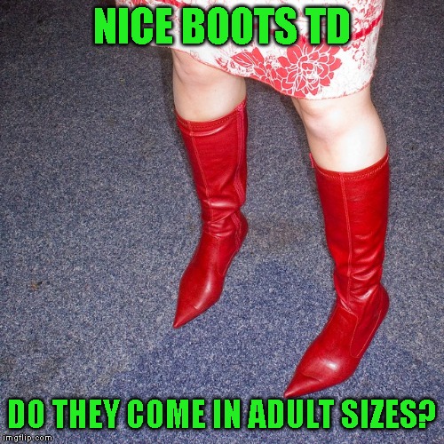 Wink wink, nod nod | NICE BOOTS TD; DO THEY COME IN ADULT SIZES? | image tagged in just a joke | made w/ Imgflip meme maker
