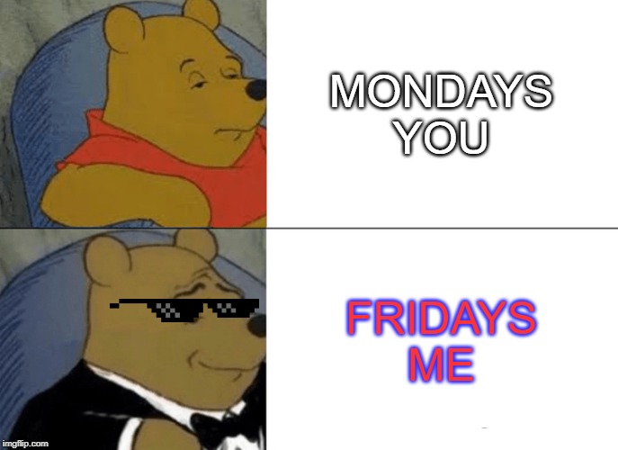 Tuxedo Winnie The Pooh | MONDAYS
YOU; FRIDAYS
ME | image tagged in memes,tuxedo winnie the pooh | made w/ Imgflip meme maker
