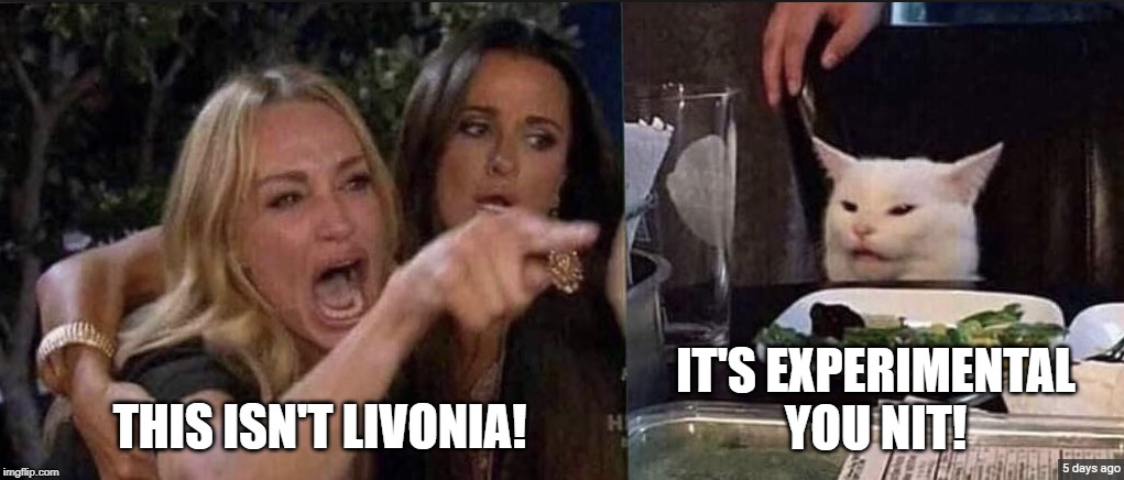 two woman and a cat | IT'S EXPERIMENTAL YOU NIT! THIS ISN'T LIVONIA! | image tagged in two woman and a cat | made w/ Imgflip meme maker