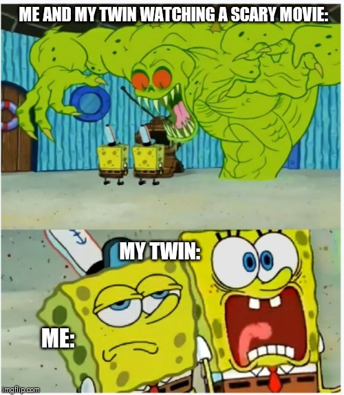 SpongeBob SquarePants scared but also not scared | ME AND MY TWIN WATCHING A SCARY MOVIE:; MY TWIN:; ME: | image tagged in spongebob squarepants scared but also not scared | made w/ Imgflip meme maker