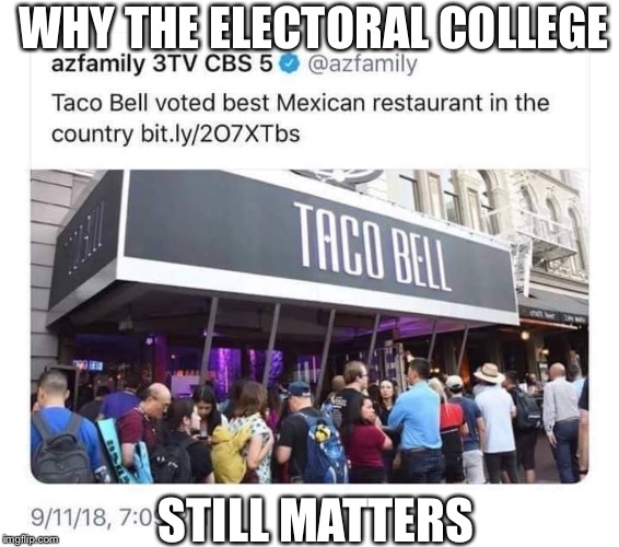 Trust me the popular vote is terrible | WHY THE ELECTORAL COLLEGE; STILL MATTERS | image tagged in electoral college,taco bell,politics lol | made w/ Imgflip meme maker