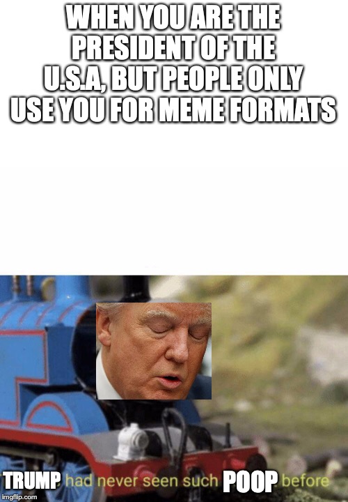 Thomas had never seen such bullshit before | WHEN YOU ARE THE PRESIDENT OF THE U.S.A, BUT PEOPLE ONLY USE YOU FOR MEME FORMATS; TRUMP; POOP | image tagged in thomas had never seen such bullshit before | made w/ Imgflip meme maker