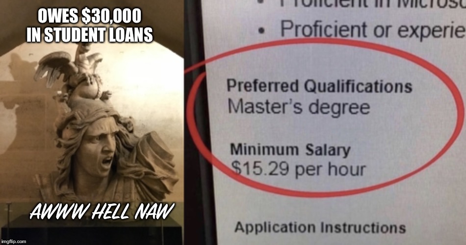 OWES $30,000 IN STUDENT LOANS; AWWW HELL NAW | image tagged in shocked classical bust | made w/ Imgflip meme maker