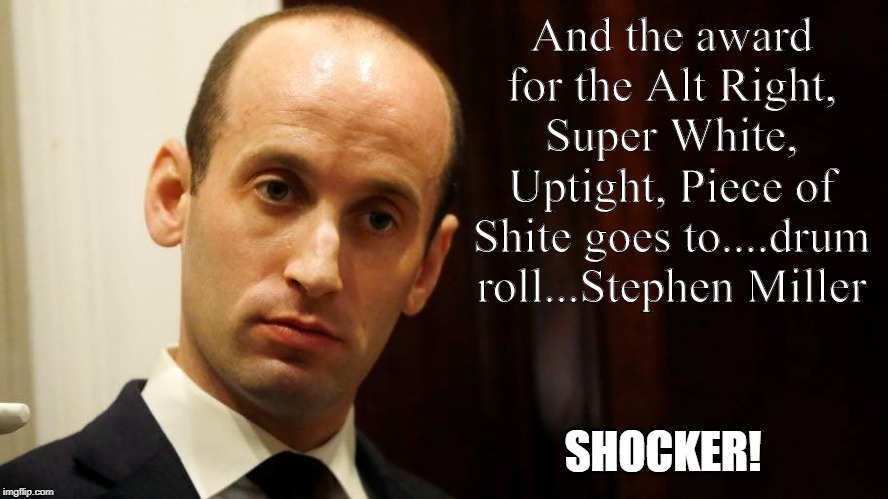 And the award goes to... | And the award for the Alt Right, Super White, Uptight, Piece of Shite goes to....drum roll...Stephen Miller; SHOCKER! | image tagged in stephen miller,racist,politics | made w/ Imgflip meme maker