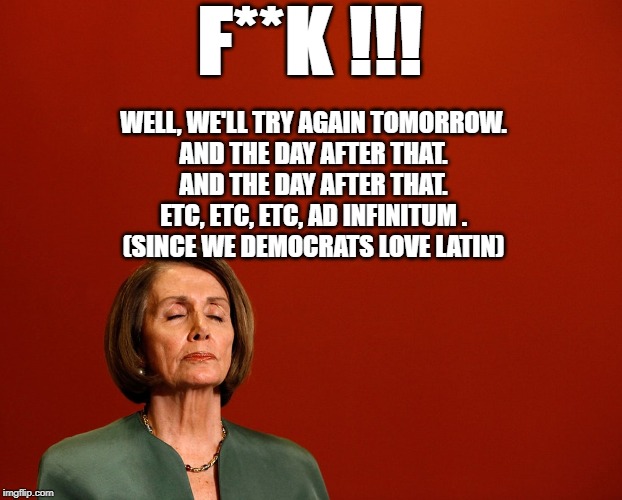 Nancy Pelosi Deep Thoughts | F**K !!! WELL, WE'LL TRY AGAIN TOMORROW.
AND THE DAY AFTER THAT.
AND THE DAY AFTER THAT.
ETC, ETC, ETC, AD INFINITUM .
(SINCE WE DEMOCRATS L | image tagged in nancy pelosi deep thoughts | made w/ Imgflip meme maker