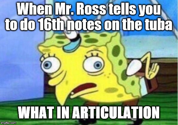 Mocking Spongebob Meme | When Mr. Ross tells you to do 16th notes on the tuba; WHAT IN ARTICULATION | image tagged in memes,mocking spongebob | made w/ Imgflip meme maker