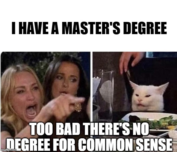 Ladies Yelling at Confused Cat | I HAVE A MASTER'S DEGREE; TOO BAD THERE'S NO DEGREE FOR COMMON SENSE | image tagged in ladies yelling at confused cat | made w/ Imgflip meme maker