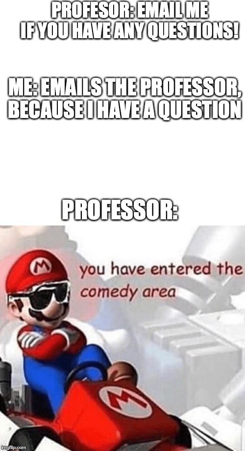 You have entered the comedy area | PROFESOR: EMAIL ME IF YOU HAVE ANY QUESTIONS! ME: EMAILS THE PROFESSOR, BECAUSE I HAVE A QUESTION; PROFESSOR: | image tagged in you have entered the comedy area | made w/ Imgflip meme maker