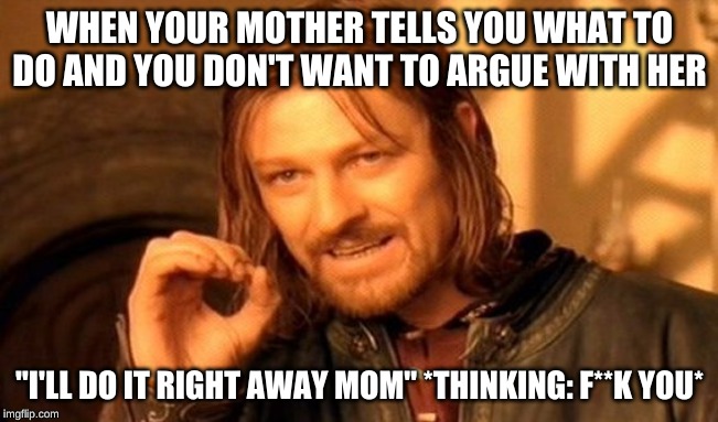 One Does Not Simply Meme | WHEN YOUR MOTHER TELLS YOU WHAT TO DO AND YOU DON'T WANT TO ARGUE WITH HER; "I'LL DO IT RIGHT AWAY MOM" *THINKING: F**K YOU* | image tagged in memes,one does not simply | made w/ Imgflip meme maker