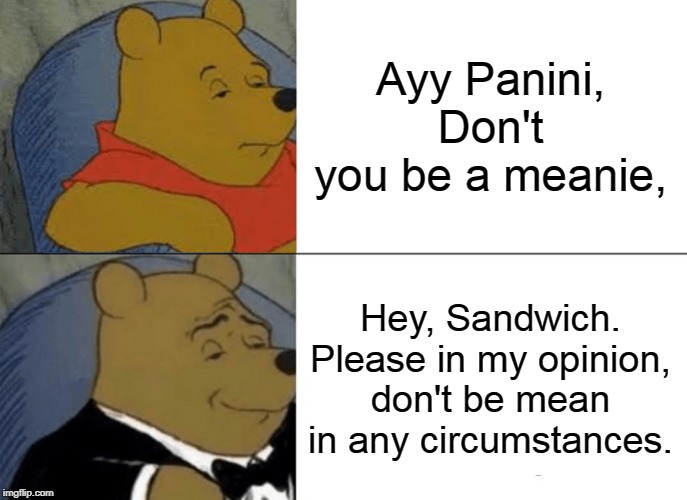 Tuxedo Winnie The Pooh | Ayy Panini, Don't you be a meanie, Hey, Sandwich. Please in my opinion, don't be mean in any circumstances. | image tagged in memes,tuxedo winnie the pooh | made w/ Imgflip meme maker