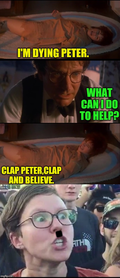 Remember Kids NPCs Or "SJWs" Would Let Tinkerbell Die. | I'M DYING PETER. WHAT CAN I DO TO HELP? CLAP PETER,CLAP AND BELIEVE. ■ | image tagged in hook,robin williams,tinkerbell,the more you know,political meme | made w/ Imgflip meme maker
