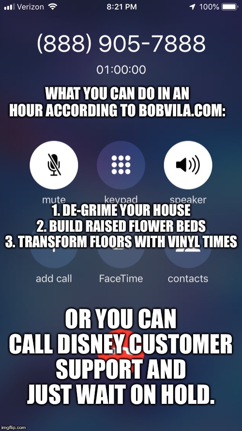 How to Soend an Hour | WHAT YOU CAN DO IN AN HOUR ACCORDING TO BOBVILA.COM:; 1. DE-GRIME YOUR HOUSE
2. BUILD RAISED FLOWER BEDS
3. TRANSFORM FLOORS WITH VINYL TIMES; OR YOU CAN CALL DISNEY CUSTOMER SUPPORT AND JUST WAIT ON HOLD. | image tagged in disney,customer service,waiting skeleton,still waiting,news,breaking news | made w/ Imgflip meme maker