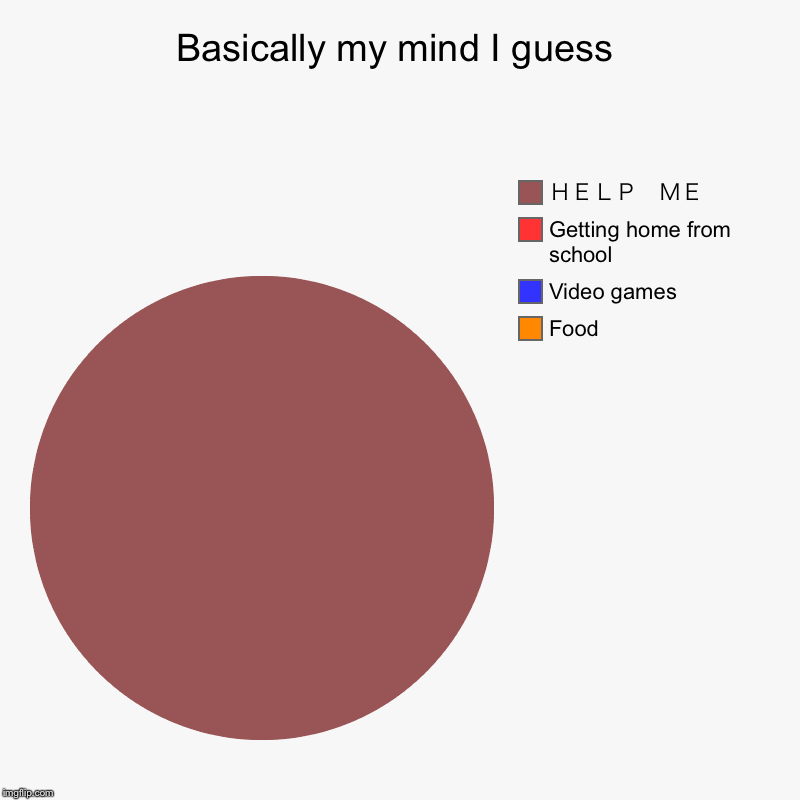 Basically my mind I guess | Food, Video games, Getting home from school, ＨＥＬＰ　ＭＥ | image tagged in charts,pie charts | made w/ Imgflip chart maker