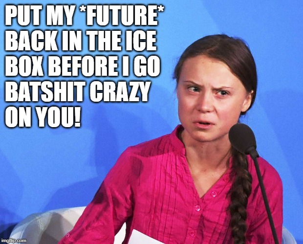 AngGreta Thunberg | PUT MY *FUTURE*
BACK IN THE ICE 
BOX BEFORE I GO
BATSHIT CRAZY
ON YOU! | image tagged in anggreta thunberg | made w/ Imgflip meme maker