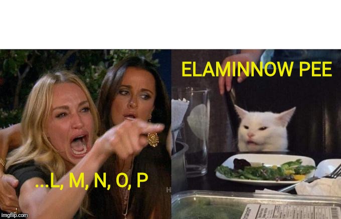 Woman Yelling At Cat | ELAMINNOW PEE; ...L, M, N, O, P | image tagged in memes,woman yelling at cat | made w/ Imgflip meme maker