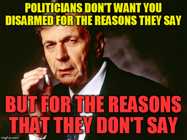 Think this was originally a libertystickers idea, but it's an important one | POLITICIANS DON'T WANT YOU DISARMED FOR THE REASONS THEY SAY BUT FOR THE REASONS THAT THEY DON'T SAY | image tagged in cigarette smoking man,gun control,ar-15,nra | made w/ Imgflip meme maker