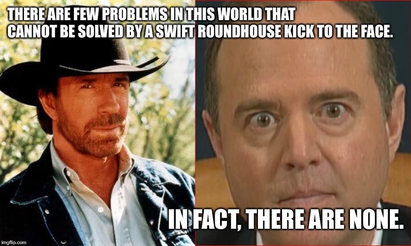 THERE ARE FEW PROBLEMS IN THIS WORLD THAT CANNOT BE SOLVED BY A SWIFT ROUNDHOUSE KICK TO THE FACE. IN FACT, THERE ARE NONE. | image tagged in memes,chuck norris,adam schiff | made w/ Imgflip meme maker