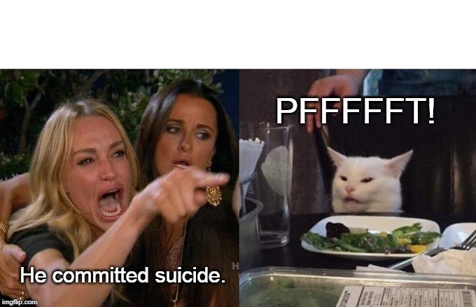 Woman Yelling At Cat Meme | PFFFFFT! He committed suicide. | image tagged in memes,woman yelling at cat | made w/ Imgflip meme maker