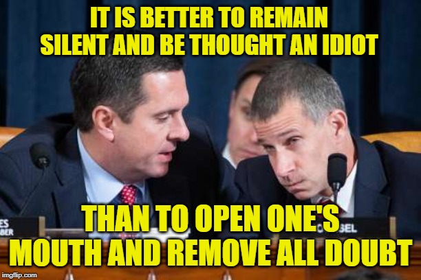 Devin The Dunce, Take Your Own Advice! | IT IS BETTER TO REMAIN SILENT AND BE THOUGHT AN IDIOT; THAN TO OPEN ONE'S MOUTH AND REMOVE ALL DOUBT | image tagged in devin nunes and steve castor,trump impeachment | made w/ Imgflip meme maker