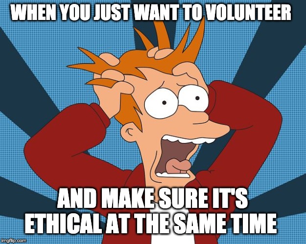 Fry Losing His Mind | WHEN YOU JUST WANT TO VOLUNTEER; AND MAKE SURE IT'S ETHICAL AT THE SAME TIME | image tagged in fry losing his mind | made w/ Imgflip meme maker