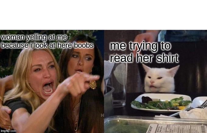 Woman Yelling At Cat | woman yelling at me because i look at here boobs; me trying to read her shirt | image tagged in memes,woman yelling at cat | made w/ Imgflip meme maker