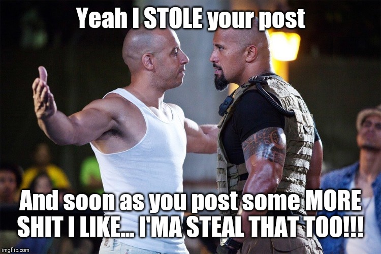 Vin Diesel & The Rock | Yeah I STOLE your post; And soon as you post some MORE SHIT I LIKE... I'MA STEAL THAT TOO!!! | image tagged in vin diesel  the rock | made w/ Imgflip meme maker