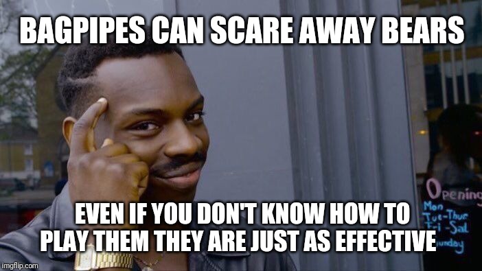 Roll Safe Think About It | BAGPIPES CAN SCARE AWAY BEARS; EVEN IF YOU DON'T KNOW HOW TO PLAY THEM THEY ARE JUST AS EFFECTIVE | image tagged in memes,roll safe think about it | made w/ Imgflip meme maker