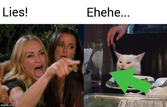 Woman Yelling At Cat Meme | Lies! Ehehe... | image tagged in memes,woman yelling at cat | made w/ Imgflip meme maker