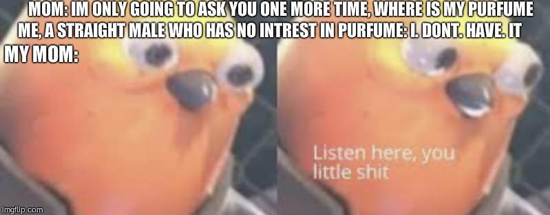 Listen here you little shit bird | MOM: IM ONLY GOING TO ASK YOU ONE MORE TIME, WHERE IS MY PURFUME; ME, A STRAIGHT MALE WHO HAS NO INTREST IN PURFUME: I. DONT. HAVE. IT; MY MOM: | image tagged in listen here you little shit bird | made w/ Imgflip meme maker