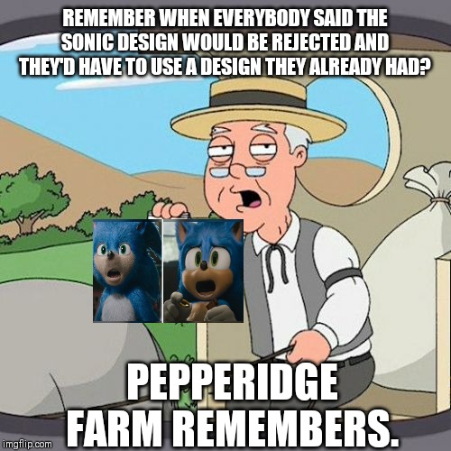 Pepperidge Farm Remembers Meme | REMEMBER WHEN EVERYBODY SAID THE SONIC DESIGN WOULD BE REJECTED AND THEY'D HAVE TO USE A DESIGN THEY ALREADY HAD? PEPPERIDGE FARM REMEMBERS. | image tagged in memes,pepperidge farm remembers | made w/ Imgflip meme maker