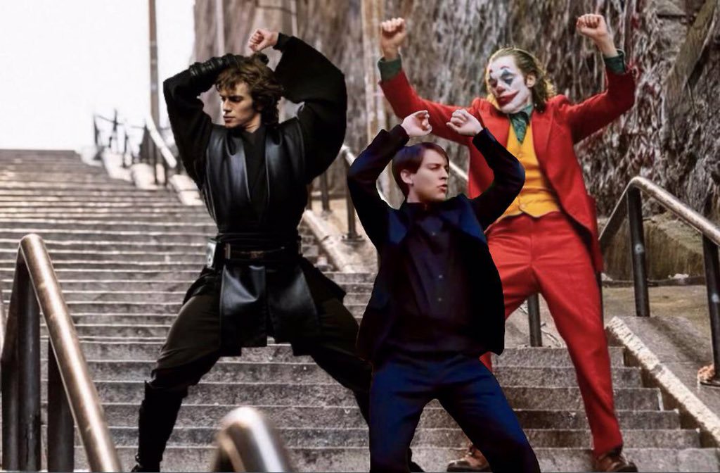 The Joker, Peter Parker and Anakin Skywalker dancing Blank Meme Template