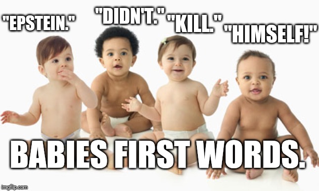 "KILL."; "DIDN'T."; "HIMSELF!"; "EPSTEIN."; BABIES FIRST WORDS. | image tagged in jeffrey epstein,epstein | made w/ Imgflip meme maker